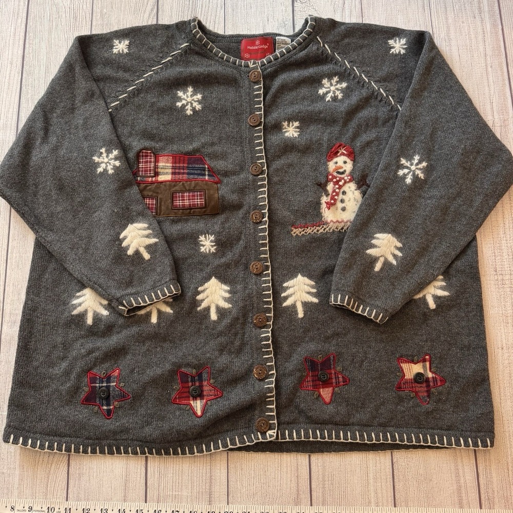 Holiday Lodge Christmas Cardigan Sweater Snowman Plaid Applique Size 4x 26w 28w